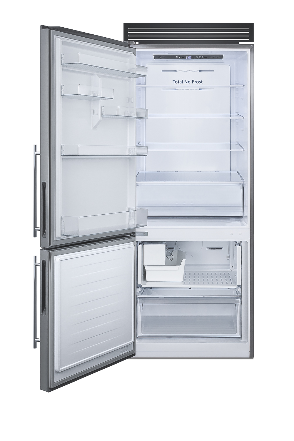 Frost-free bottom freezer refrigerator in stainless steel with factory-installed icemaker and digital controls and a counter depth fit